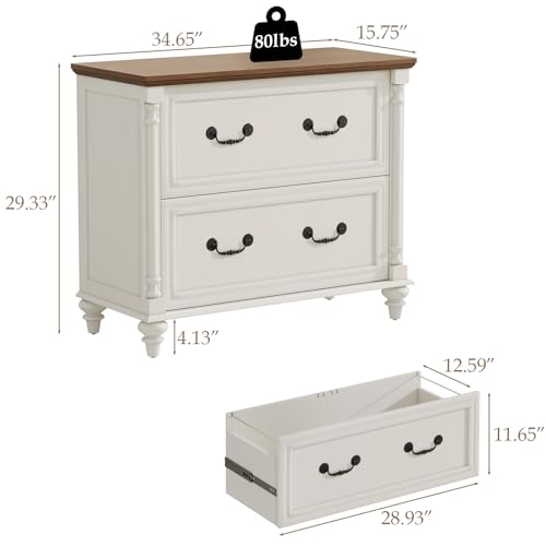 Befrases Farmhouse Lateral File Cabinet 2 Drawers File Cabinet for Legal/Letter/A4 Size Hanging Files, Large Wood File Storage Cabinets Printer Stand for Home Office Cabinet, White - Thumbnail 2