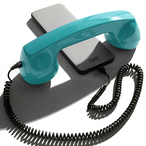 Opis Technology 60s Micro Retro-Telefonhörer für Handy und Smartphone, inkl. aktivem USB-C-Adapter für Android und iPhone 15 und Neuer, 3,5-mm-Klinke, kabelgebunden, Türkis