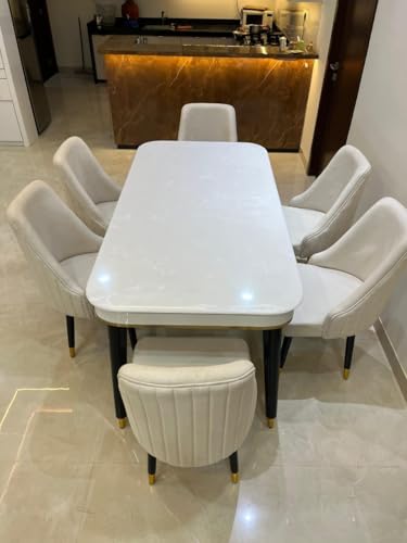 Image of WOODEN SPACE 6-Seater Wooden Dining Table Set | Nano Composite Marble Top | Solid Wood Base | Modern Dining Room Furniture with 6 Chairs (Beige)