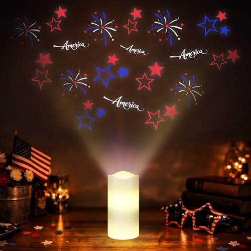 Image of 4th of July Flameless Candle Patriotic Projector Light 250th Anniversary Decoration LED Candle Battery Operated Night Light with Remote Timer Independence Day Memorial Red White Blue Table Decor