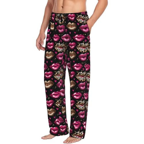 Mens Pajama Pants - Pink And Gold Red Lips Print Soft Sleep Lounge Pants For Men, Casual Pj Bottoms With Pockets