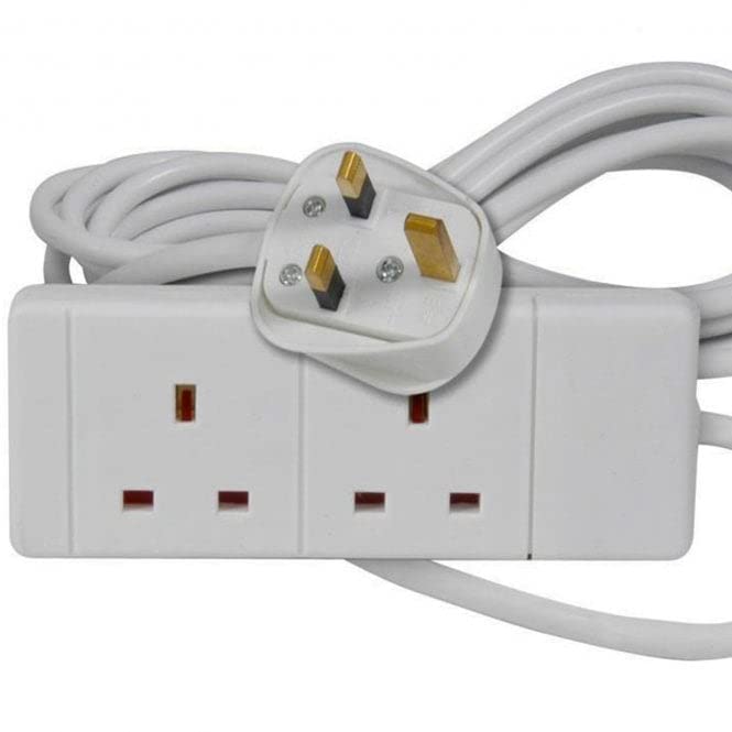 2 Gang Multi Plug Extension Lead 2m Power Strip | 2 Socket Mains Electric Power Extension Cord | 2 Way Socket 2 Metre Extension Cable UK - White