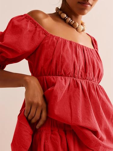 Image of Tankaneo Womens 2 Piece Outfits Summer Square Neck Short Puff Sleeve Babydoll Tops and Shorts Matching Set