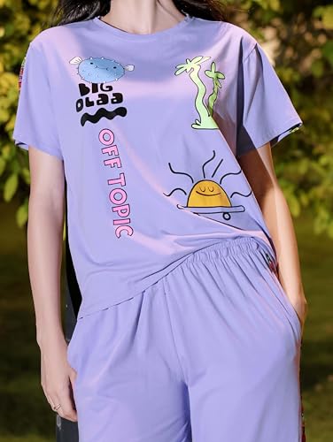 Image of ZEYO Night Suit for Women's Typography Printed Cotton Night Dress of Top and Joggers
