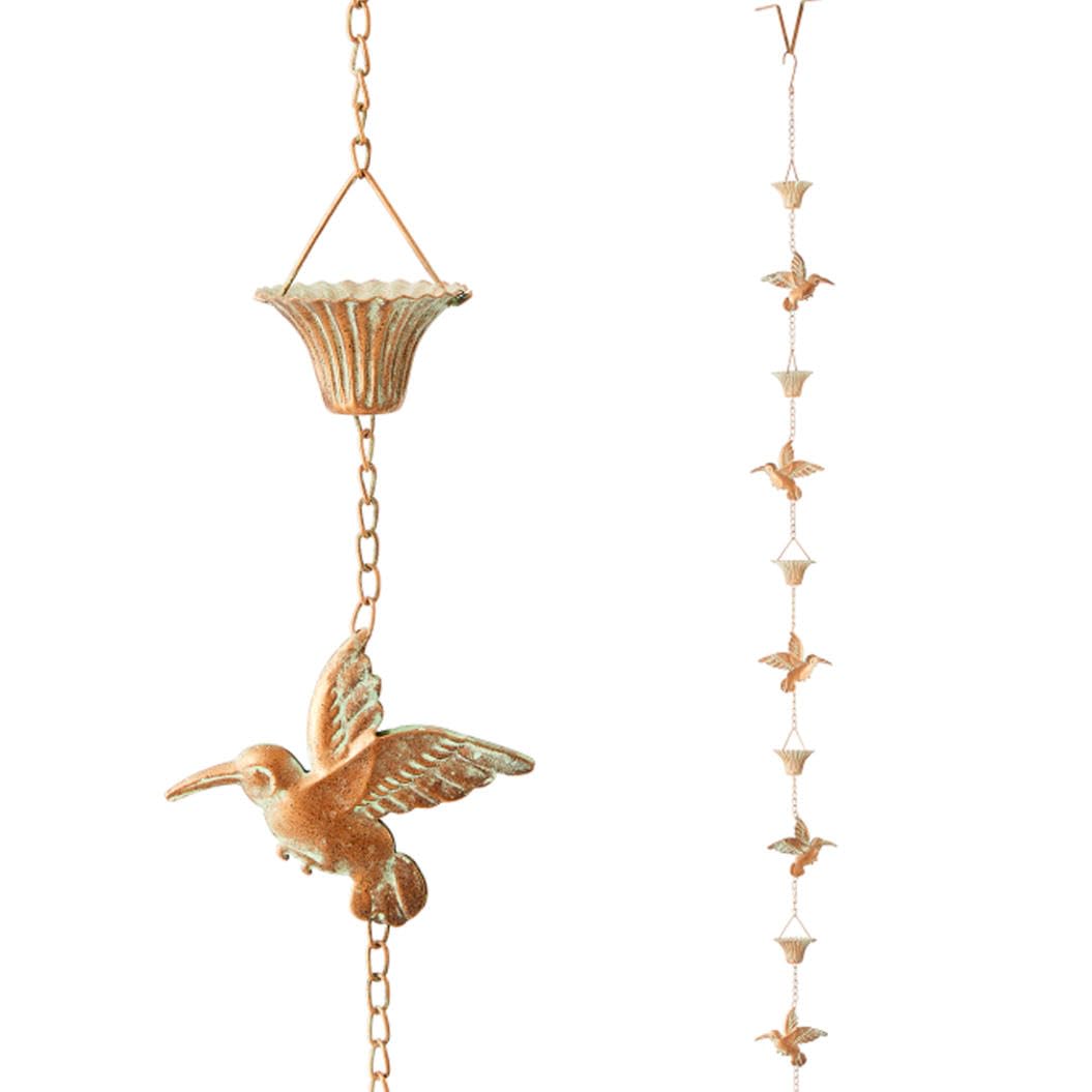 Chaîne de pluie oiseaux et tasses Glitzhome imitation cuivre patiné de 2,6 m