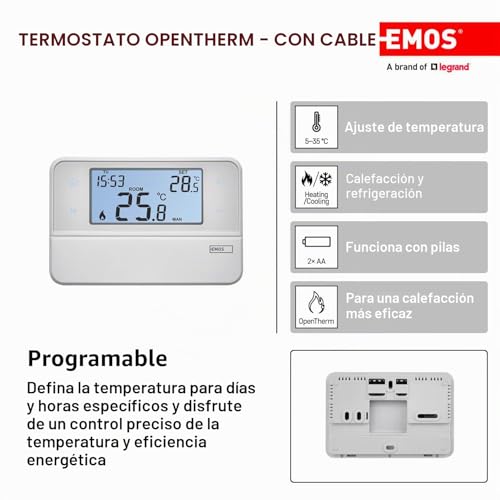 Miniatura 2 de Emos Termostato De Ambiente Digital Compatible Con Opentherm, Programable, Cableado, De Montaje En Superficie, Blanco, 12,6 X 8,4 X 2,6 Cm