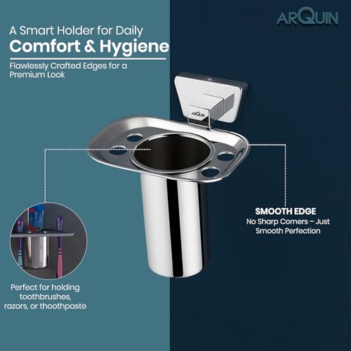 Image of Arquin Wall-Mounted Tooth Brush Holder for Bathroom, Tumbler Stand /304 Steel Bathroom Organizer with Glossy Finish Bathroom Accessories Chrome Finish Stand With Removable Cup (Aquarius Tumbler Holder)