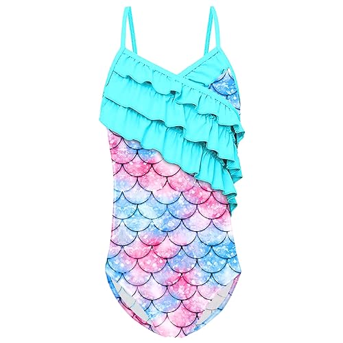 Danvren Girls One Piece Swimsuits Floral Ruffle Swimwear Beach Mermaid Bathing Suit 5-13 Years cover
