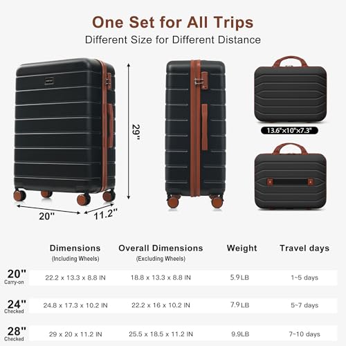 Image of Hardshell Luggage Sets, Lightweight Stripes Suitcases with Spinner Wheels, Black 6pcs