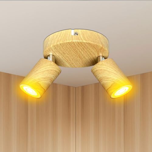 Image of 2 Light Track Lighting Fixtures for Ceiling LED Aluminum Wood Grain Spot Lights Indoor Round Chassis GU10 Base Lamp Rotatable Modern Ceiling Spotlight for Bedroom Kitchen Hallway (Bulb Not Included)
