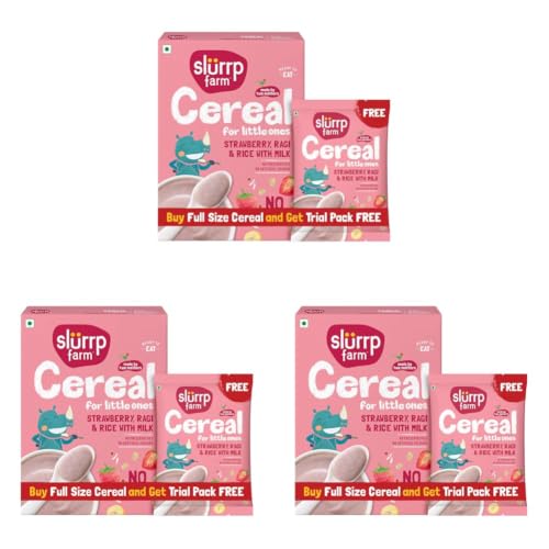 Image of Slurrp Farm No Added Sugar Instant Cereal | Ragi, Rice and Strawberry with Milk | Free Strawberry Cereal Trial Pack | 200g + Free 50g (Pack of 3)
