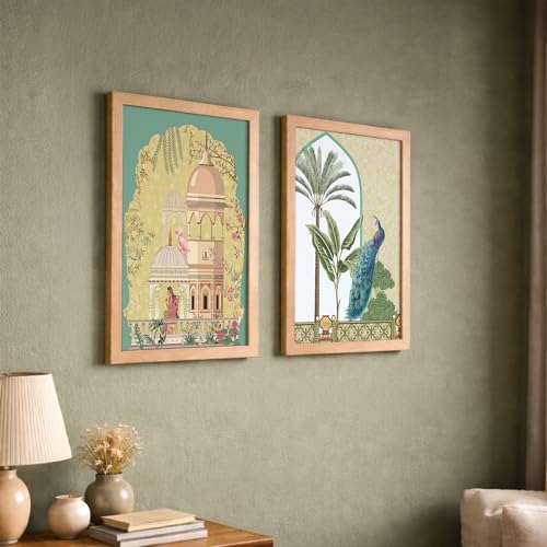Image of NoWorries Traditional art Set of 2 Wall Frames for Home Decor /Rajasthani Theme Paintings for Wall decoration and Cafe Decor - Madhubani art Wall Framed Posters - Traditional Frames for Living room, Dining room and Bedroom Decor (Synthetic Wood frame) (Leminated 300 GSM Pigment Digital Print) (framed, Multicolur) Set of 2