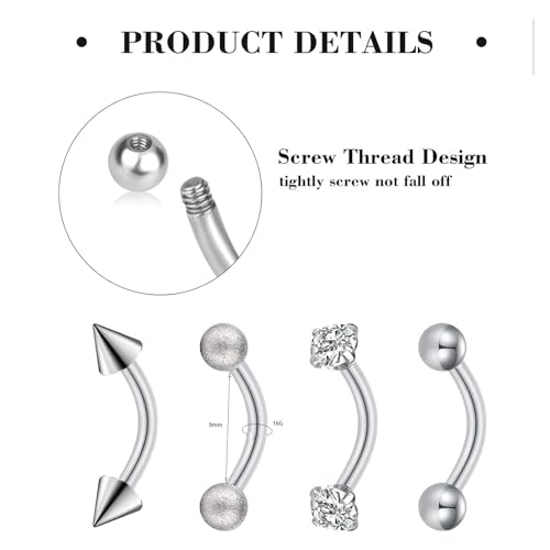 Suotarn 47pcs 16G Stainless Steel Eyebrow Piercing Rings Clear CZ Curved Barbell Helix Daith Rook Earrings Piercing Body Jewelry for Women Men3