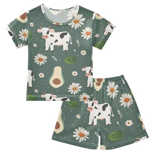 ALAZA Cow Daisy Flower Avocado Pajamas Short Sleeve 2 Piece Sleepwear Top and Bottom Pajama Set Unisex
