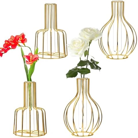 Dicunoy Gold Flower Vases with Glass Test Tube Vase Cover