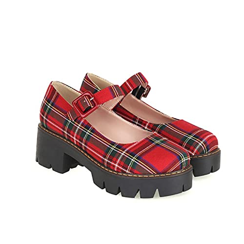 Viuluti Women's Plaid Mary Jane Pumps Round Toe Platform Shoes Chunky Heels Dress Shoes2