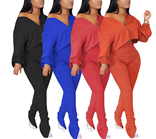Women's Sexy 2 Piece Tracksuit Outfit Long Sleeve 1/4 Zip Up Crop Tops Skinny Long Stacked Pants Sweatsuit Set Black 2Xl #TOP1