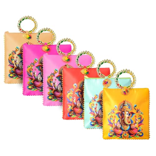 Image of Women Potli Bags Pack of 6| Gifting Potli with Zip & Bangle Handle | Traditional Shagun Return Gifts Potli for Mehandi, Haldi, Baby Shower, Wedding, Sangeet (Ganesha)