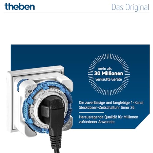 Theben 0260030 Timer 26 - analoge Zeitschaltuhr, Steckdosen Schaltuhr, Zeitprogrammstecker, weiß, bis zu 400 W LED Schaltleistung
