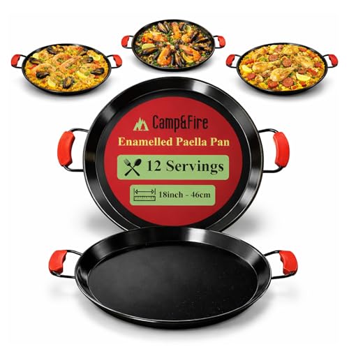 Camp&Fire Enamelled Carbon Steel Paella Pan - 46cm (18inch) Non-Stick Rust-Free Traditional Spanish Pan for Rice Seafood & Outdoor Cooking - Includes Silicone Hot Handle Holders.