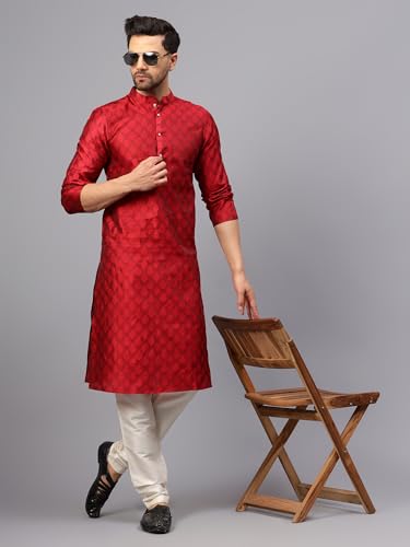 Image of LATEST CHIKAN Men's Silk Chikankari Kurta with Cream Churidar | Festive Set - KP Silk BANARSI