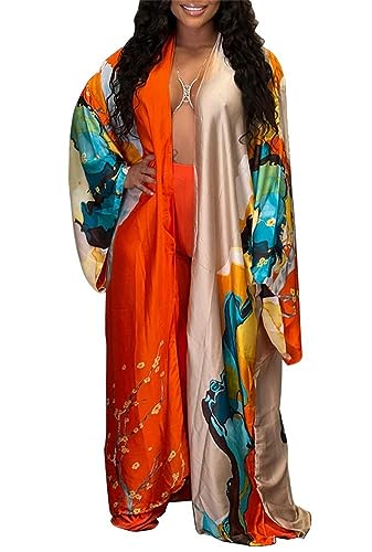 cu4eve Summer Cardigan For Women Lightweight Satin Open Front Long Kimono Swimsuit Cover Ups Silk Robe Plus Size