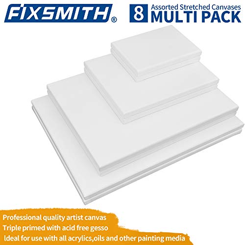 Image of FIXSMITH Stretched Canvas, Multipack of 8, 5x7, 8x10, 11x14 & 12x16 Inches - 2 of Each, 100% Cotton, 8 oz Gesso-Primed, Art Supplies for Acrylic and Oil Painting.