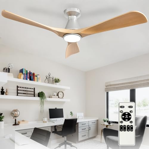 Image of Depuley 52-Inch Ceiling Fans with Lights: Wood 3 Blade Flush Mount Low Profile Ceiling Fan for Bedroom - Dimmable Indoor Outdoor Fan with Remote Control Ultra Quiet DC Motor Timer