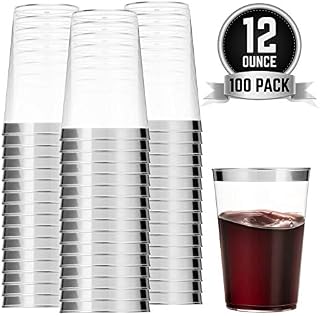 100 Silver Plastic Cups 12 Oz Clear Plastic Cups Tumblers Silver Rimmed Cups