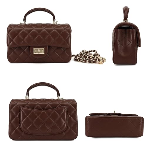 Image of M-ioi-M Small Quilted Crossbody Bag for Women, Genuine Leather Mini Shoulder Flap Purse with Gold Chain Strap & Top Handle
