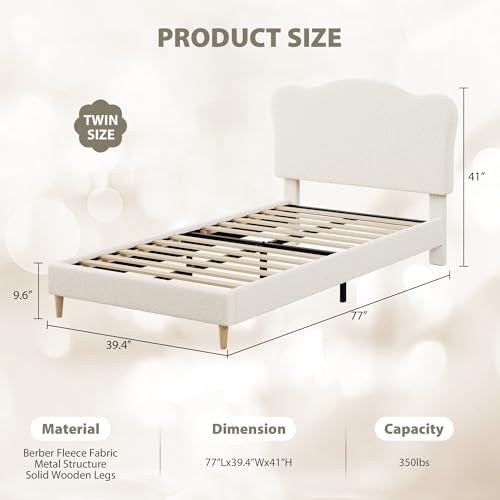 GarveeHome Upholstered Twin Size Bed Frame for Kids with Scallop Headboard, Cute Velvet Twin Bed for Girls, Boys, Sturdy Platform Bed, No Box Spring Needed, Wooden Slats, Noise Free, White