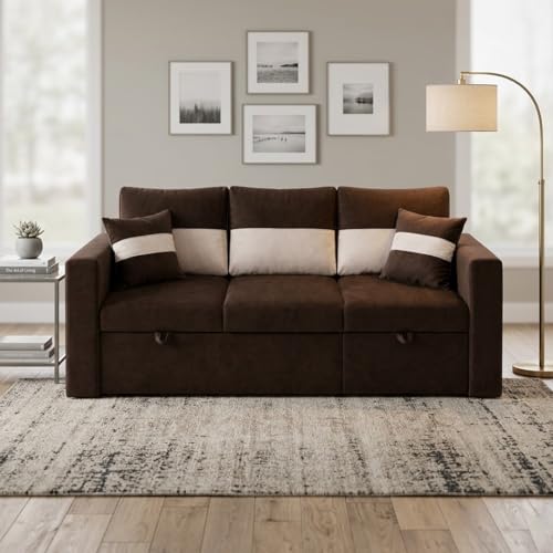 Image of FURNY Soria 4 Seater RHS Lounger Sofa Cum Bed (Dark Brown - Cream) with Pull-Out Function | Luxury Velvet Suede Finish | Durable Comfort | Ideal for Living Room