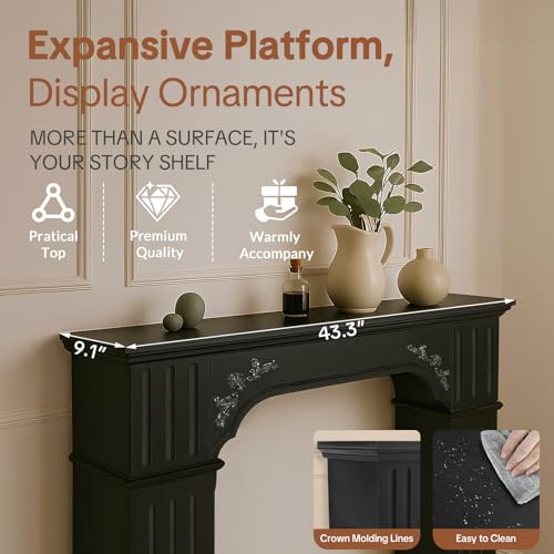 Image of HOMEDIARY Rustic Black Freestanding Fireplace Mantel, Modern Painted Fireplace Surround with Mantel for Living Room, Grade A MDF Mantel Surrounds with Legs for Home Decor /Wall Decor, Anti-Tipping
