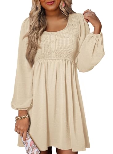 Image of Dokotoo Womens Fall Dresses 2026 Casual Smocked Crewneck Button Up Long Sleeve Empire Waist A-Line Mini Dress