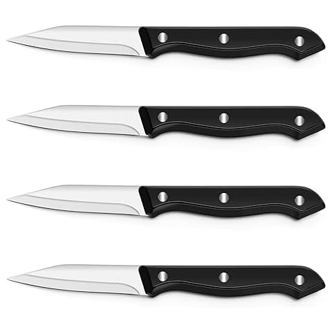 BEWOS 4-Piece Paring Knife Set, 3.5 Inch Paring Knives with Ergonomic Handle, Triple Rivet Paring Knife, Cutting Knife & Peeling Knife for Vegetable and Fruit, Kitchen Knives, Stainless Steel/Black Cover