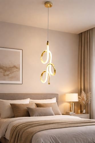 Image of Modern Curved Shape Gold Finish Energy Saving Led Pendant Hanging with 3 Different Color Mode (Warm White, Cool White, Neutral White) for Bedroom, Living Room, Restaurants, Dining, Home