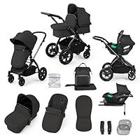 Ickle Bubba Stomp Luxe 12-Piece Travel System with i-Size Cirrus Car Seat & ISOFIX Base – All-Terrain Pram, Reversible Seat, UPF 50+ Hood, Rain Cover & Accessories (Black/Charcoal Grey/Black)