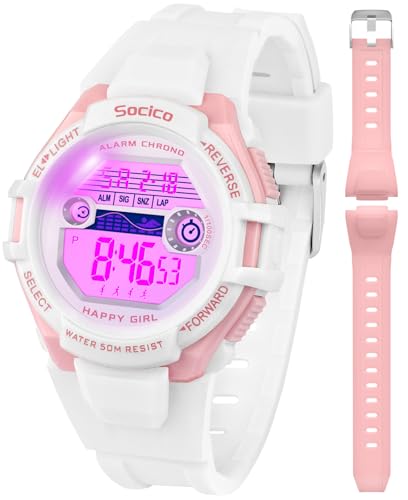 Reloj digital infantil para niños niñas, 2 correas de silicona intercambiables, reloj deportivo resistente al agua hasta 50M con retroiluminación de 7 colores, alarma y cronómetro (Blanco con Rosa)