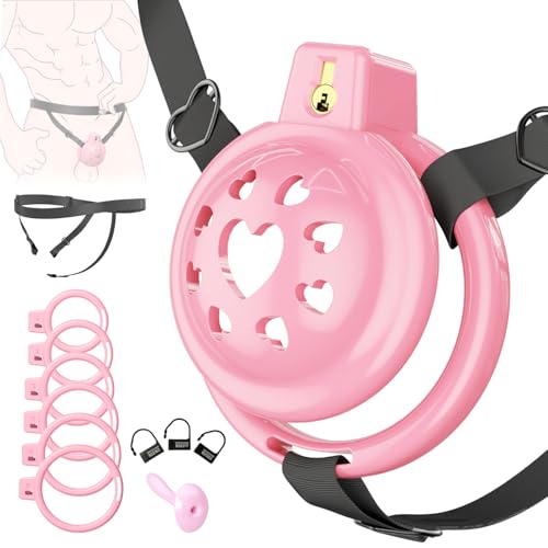 Lovely Pink Male Chastity Cage, Lightweight Chastity Devices with Soft Silicone Head 6 Cock Rings, Penis Bondage Gear Cock Cage Adult Toys with Invisible Lock, Male Chastity Belt BDSM Sex Toys for Men
