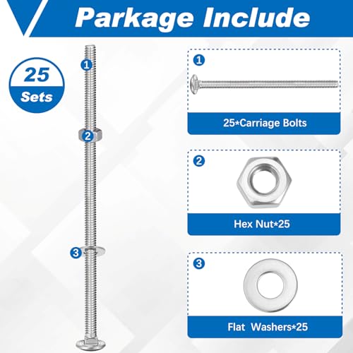 Image of Zonon 25 Sets 1 /4-20 x 6 Stainless Steel Carriage Bolts and Nuts Kit Round Head Square Neck Carriage Bolts Screws and Hex Nuts and Flat Washers, Stainless 18-8 Full Thread Coverage (Silver)