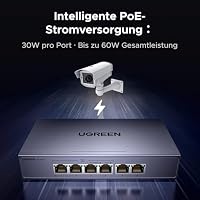 UGREEN PoE Switch 6 Port Gigabit LAN Switch mit 4 PoE+2 Gigabit-Ports, 60W Gesamtleistung für alle PoE-Ports, VLAN, Wärmeableitung Robustes Metallgehäuse, ideal für NVR/IP-Kameras (4PoE+2) – Ansicht 2