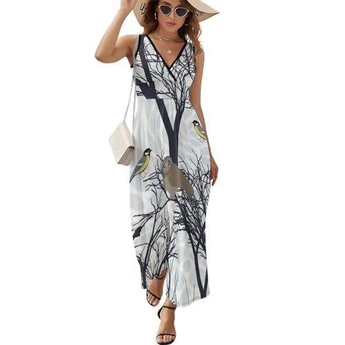 Robe maxi col V oiseaux de la forêt aux finitions soignées pour silhouette élégante