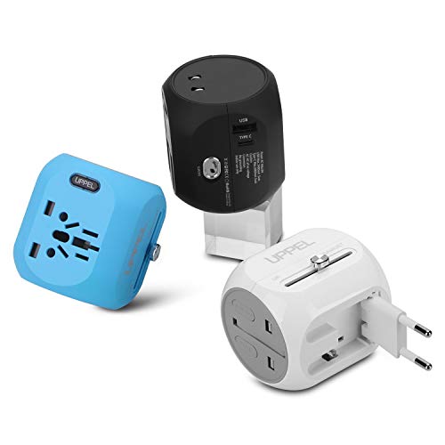 International Power Adapter, UPPEL Travel Adapte European Adapter Wall Charger Power with USB/Type-C Port Support 100V-240V for US,AU,Asia,Europe,UK Plug Adapters Compatible (Black+Blue+White 3packs)