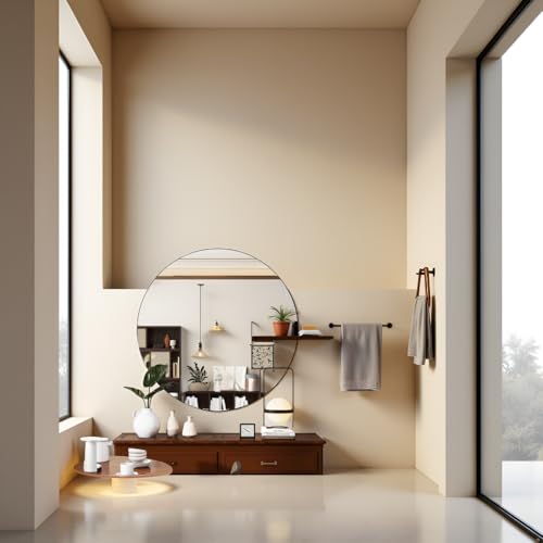 Image of Round Wall Mirror with Durable Wooden Frame - 30 inch (White) | Modern Decorative Wall Hanging Mirror for Bathroom, Bedroom, Basin, Dressing Table, Entryway & Home Interior Decor