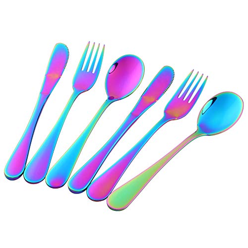 Bisda Todder Silverware sets 6pcs 188 Stainless Steel Kids Cutlery Serving for 2 BPA-free Children Self-feeding Safe Utensils Mirror Polished Rainbow