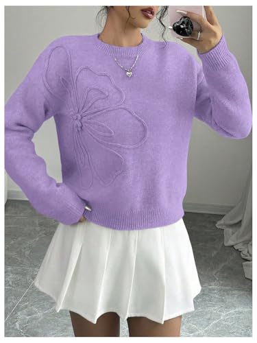 Image of RoseSeek Women's 3D Floral Appliques Crewneck Sweaters Long Sleeve Drop Shoulder Pullovers Elegant Knit Tops