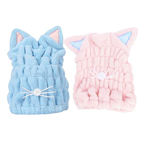 Vaguelly 2Pcs Fast Drying Cat Ear Hair Towels Ultra Absorbent Water Resistant Cap for Quick Hair Drying for Long Thick Hair Blue Pink