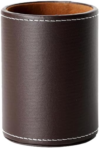 Round Pen Pencil Holder, PU Leather Pencil Cup, Desktop Stationery Organizer, Stand Desk Organizer, Office Accessories Container (Brown)