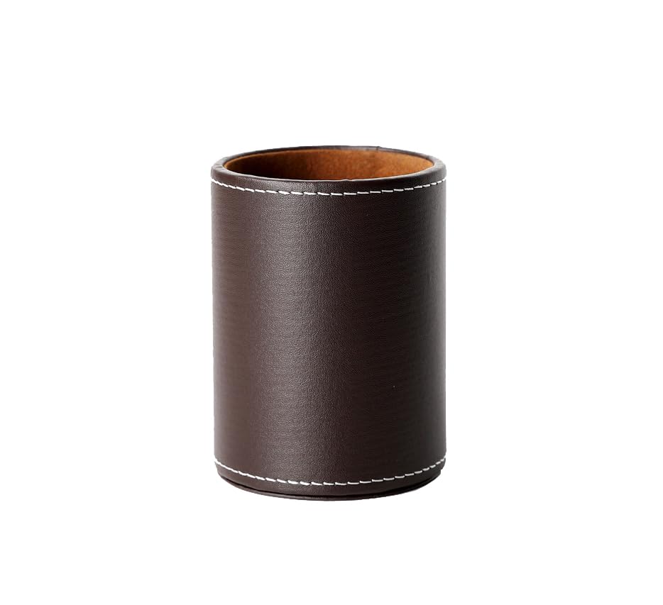 Round Pen Pencil Holder, PU Leather Pencil Cup, Desktop Stationery Organizer, Stand Desk Organizer, Office Accessories Container (Brown)