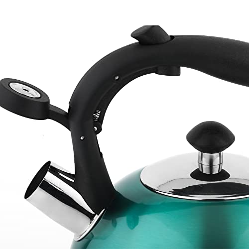 Amazon Basics Stainless Steel Tea Kettle, Hot Water Kettle with Whistle Spout, Fast Boiling, Ergonomic Handle, 2.3 Liter, Teal